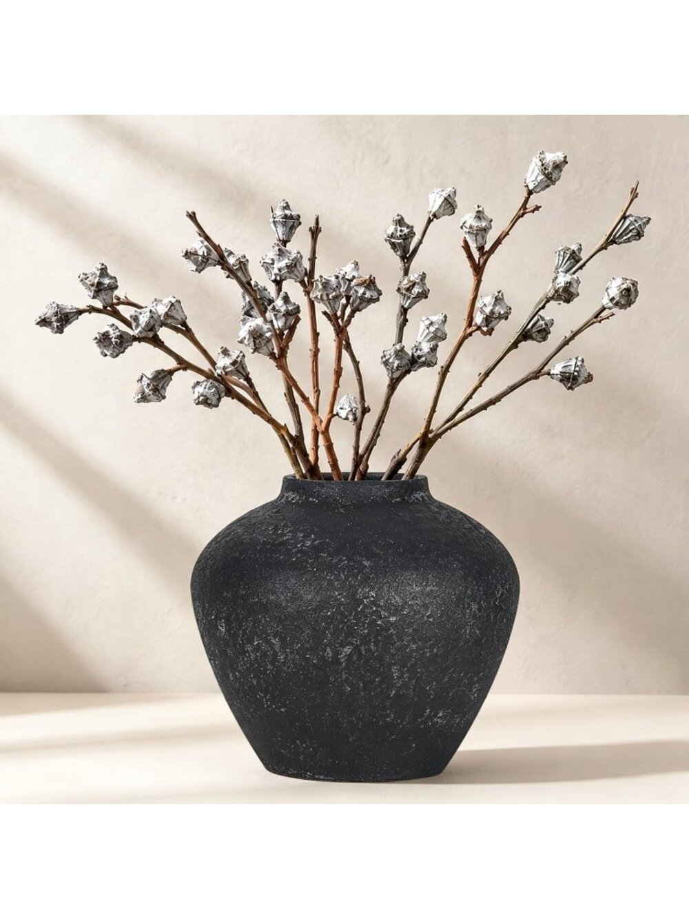 6.3 Inch Black Round Ceramic Flower Vase Rustic Farmhouse Ideal Table Home Decor